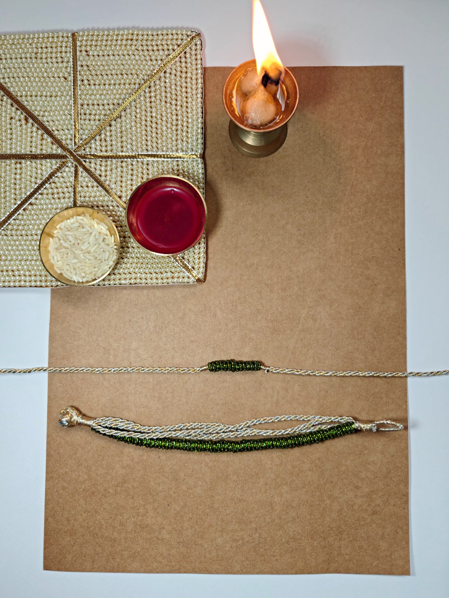 Green beads Rakhi & Lumba set